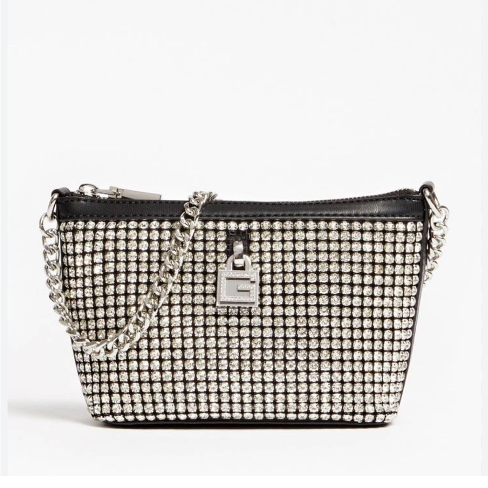 Guess Virtual rhinestone Elegant Silver and Black Chain mini zip top Bag